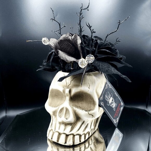 Darksome Gothic Skull Arrangement Floral Black Roses Gems Halloween Gothic Decor - Picture 3 of 9
